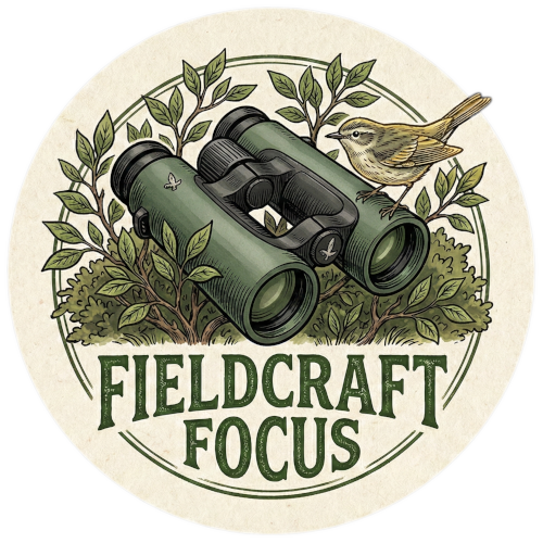 Fieldcraft focus Logo - Binoculars in greenery with a bird nearby